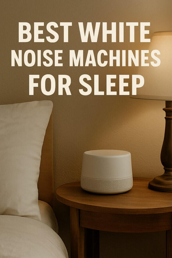 A compact white noise machine on a wooden nightstand beside a bed, with the headline “Best White Noise Machines for Sleep.”